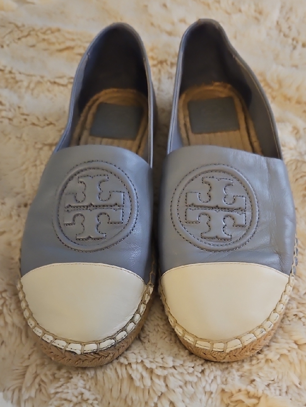 Tory Burch Two-Tone Leather Espadrille Slip-Ons in Light Blue and White